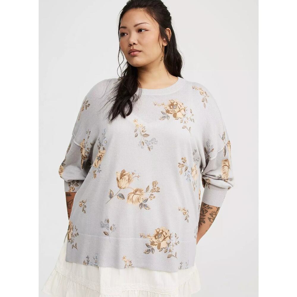 Torrid Women's Kirby Floral Blue Oversized Drop Shoulder Tunic Sweater Size 1X